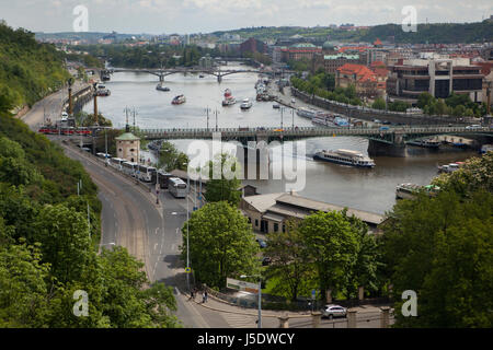 Svatopluk Čech Bridge (Čechův most) over the Vltava River pictured from the garden of the Villa Kramář (Kramářova vila) in Prague, Czech Republic. Stock Photo