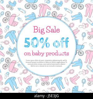 Flyer, promo, invitation or greeting card design template. Seamless pattern with items for newborn. Pattern is already in swatches. Stock Vector