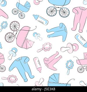 Seamless vector pattern with newborn accessories: clothing, baby carriages, soothers, rattles and feeding bottles. Stock Vector