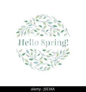 Elegant tree branches arranged in a circle with a "Hello Spring!" inscription. Seasonal spring concept in delicate green hues. Stock Vector