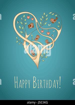 Elegant ornate heart formed by tree branches with birds and butterflies flying around. Sketch-like illustration with "Happy Birthday!" text. Greeting  Stock Vector