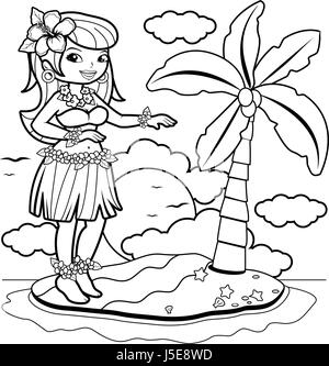 Hawaiian woman hula dancer on an island. Coloring book page Stock Vector