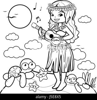 Hawaiian woman playing her guitar on an island. Coloring book page Stock Vector