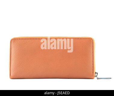 close up brown leather of luxury lady  clutch bag isolated white background Stock Photo