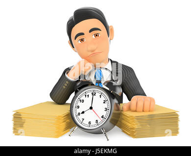 3d business people illustration. Businessman with a lot of work and little time. Isolated white background. Stock Photo