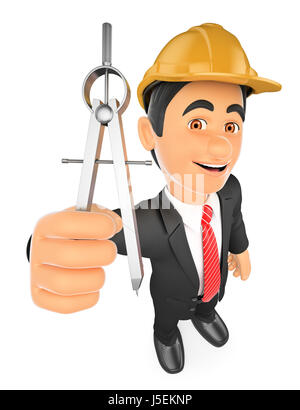3d working people illustration. Architect with a compass. Isolated white background. Stock Photo