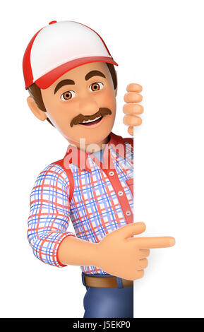 3d working people illustration. Handyman pointing aside with finger. Isolated white background. Stock Photo