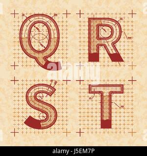 Medieval inventor sketches of Q R S T letters. Retro style font on old textured paper Stock Vector