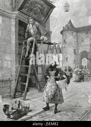 Poster painter on the ladder. Engraving,1848. Stock Photo