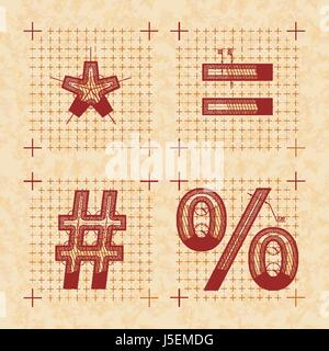 Medieval inventor sketches of special signs. Retro style font on old yellow paper Stock Vector