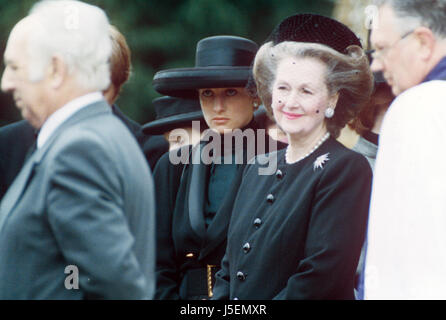 Raine Spencer alongside Princess Diana during the Earl Spencer's funeral in Great Brington, St. Mary the Virgin Church Stock Photo
