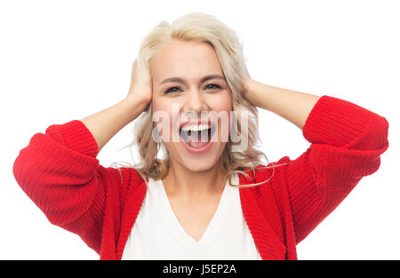 happy young woman holding her head and laughing Stock Photo