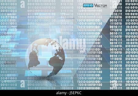 Digital code background, abstract vector illustration . Including numbers and sphere with world map and blue colors. Used a clipping mask. Stock Vector