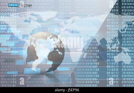 Digital code background, abstract vector illustration . Including binary code and sphere with world map. Used clipping and opacity masks. Stock Vector