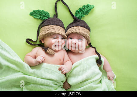 Twins brothers babies weared in acorn hats Stock Photo