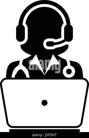 Doctor Icon - Flat Vector, Person Avatar Symbol With Laptop and Wearing Headset for On-line  Consultation for Advice and Support Service for Patient i Stock Vector