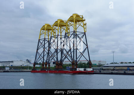 Sassnitz Mukran Port Germany. Platforms for the Wikinger Offshore Windfarm await transport and installation. Stock Photo