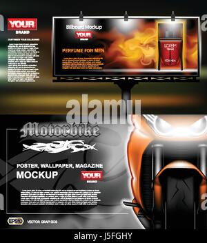 Digital vector orange new modern sport motorcycle close up mockup, red perfume with fire for men. Your brand, motor show and exhibition, lights on. Da Stock Vector