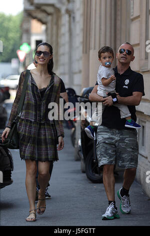 Marica Pellegrinelli celebrates her 29th birthday party with her husband Eros Ramazzotti and his son Gabrio Tullio going to lunch at a nearby restaurant. Eros is wearing camouflage bermuda and a pole of Juventus in view of the Coppa Italia finals this evening. The two are packing a room under the house for a quick lunch. Eros comes out first and returns home while Marica takes about twenty minutes together with her son. 17-05-2017 Milano Italy Stock Photo
