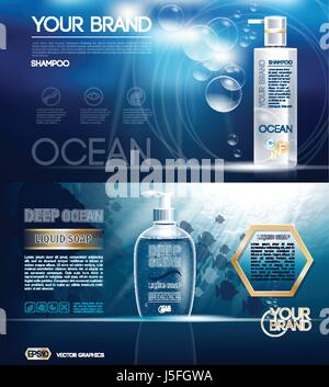 Digital vector ocean blue shower gel and soap mockup on water background with bubbles, oil skin pretector, your brand, ready for design. Realistic sty Stock Vector