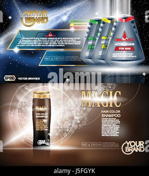 Digital vector blue and brown shower gel and shampoo for men mockup on water background with bubbles, oil skin pretector, your brand, ready for design Stock Vector