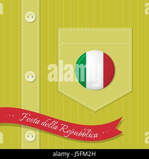 Striped shirt with a badge in the colors of the flag of Italy on the pocket. Italian National Day concept. Text in Italian: 'Republic Day'. Stock Vector