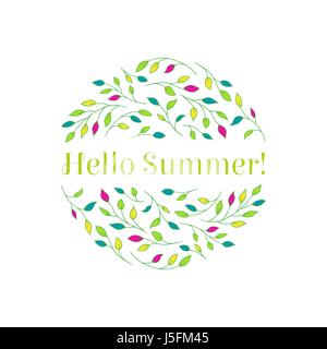 Elegant tree branches arranged in a circle with a "Hello Summer!" inscription. Seasonal summer concept in bold colors. Stock Vector