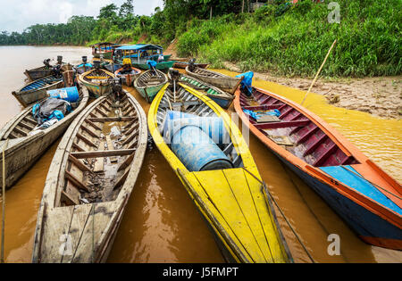 Close up of colorful boats on the amazon river in the jungle of Peru Stock Photo