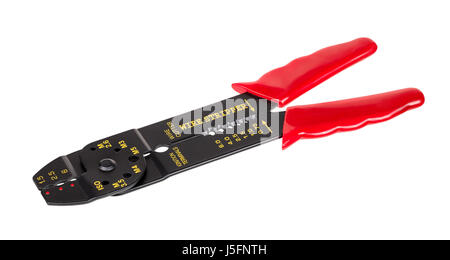 A universal electrician tool for cleaning and cutting wires lies diagonally. Tool is isolated on white background. Stock Photo