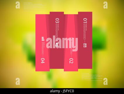 Illustration infographic template with motif of rectangle vertically divided to four shifted red sections with simple sign, number and sample text. Bl Stock Vector