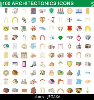 100 architectonics icons set, cartoon style Stock Vector