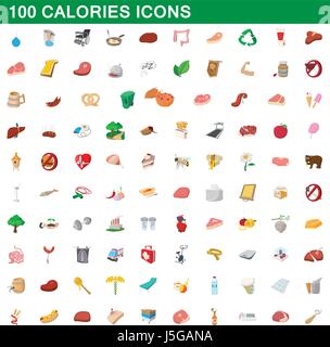 100 calories icons set, cartoon style Stock Vector