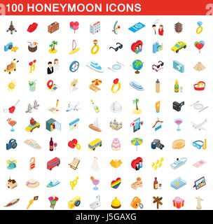 100 honeymoon icons set, isometric 3d style Stock Vector