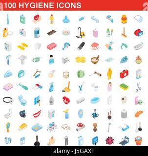 100 hygiene icons set, isometric 3d style Stock Vector