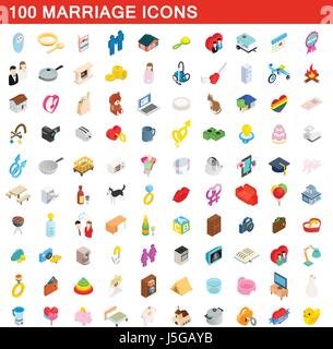 100 marriage icons set, isometric 3d style Stock Vector