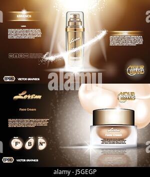 Digital vector golden glass bottle spray essence and creammockup on brown background, with your brand, ready for print ads or magazine design. Transpa Stock Vector