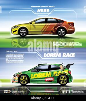 Digital vector yellow red and green sedan sport car mockup, ready for print or magazine design. Your brand, customize your decals. Blue and green back Stock Vector