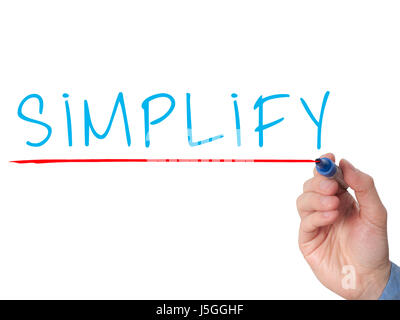 Businessman hand writing Simplify with marker on transparent wipe board isolated on white. Stock Image Stock Photo