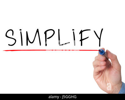 Businessman hand writing Simplify with marker on transparent wipe board isolated on white. Stock Image Stock Photo