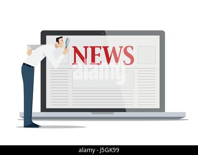 Man with magnifying glass in front of laptop checking news on the web. Checking fake news concept. Stock Vector
