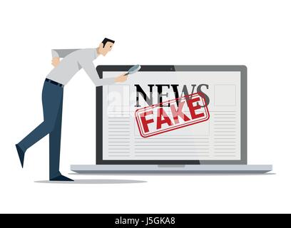 Man with magnifying glass in front of laptop checking news on the web. Checking fake news concept. Stock Vector