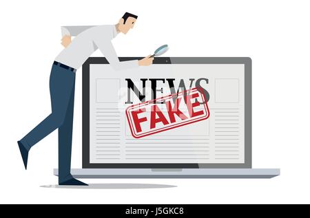 Man with magnifying glass in front of laptop checking news on the web. Checking fake news concept. Stock Vector