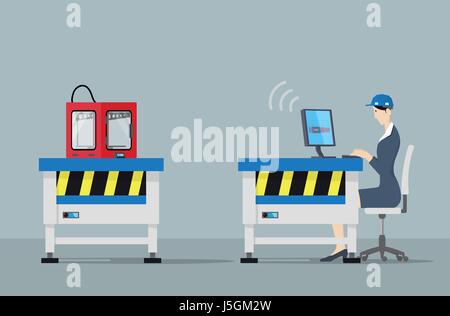 Industry 4.0 Factory Automation Concept. 3D printer controlled by engineer with desktop PC. Stock Vector