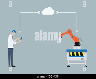 Industry 4.0 Factory Automation Concept. Robot hand and engineer connected to cloud server. Stock Vector