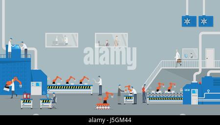 Industry 4.0 Concept. Front view of industrial production line with automated robots. Stock Vector