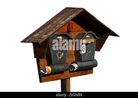 mailbox cottage house number posthorn mailboxes zeitungsbote zeitungsblatt Stock Photo