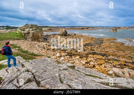 France, Brittany, commune de Plougrescant, Le Gouffre de Plougrescant in the Cotes-d'Armor department, scenic, rocky English Channel coast landscape n Stock Photo