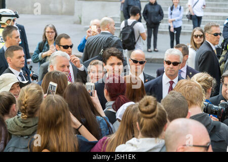 Montreal, CA - 17 May 2017: Canada Prime minister Justin Trudeau greets young people as he goes to Solemn Mass for the 375th anniversary of the founding of Montreal Stock Photo