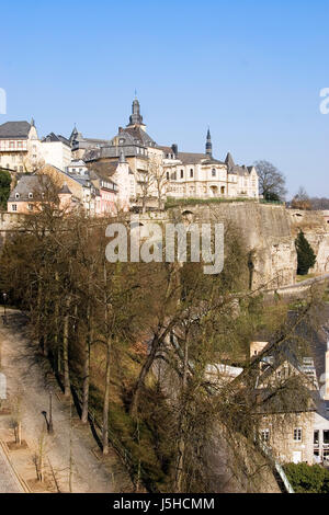 houses church old town goal passage gate archgway gantry rock wall fortress Stock Photo