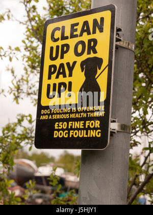 black and yellow sign outside on pole saying clean up or pay up dog fouling outside warning Stock Photo